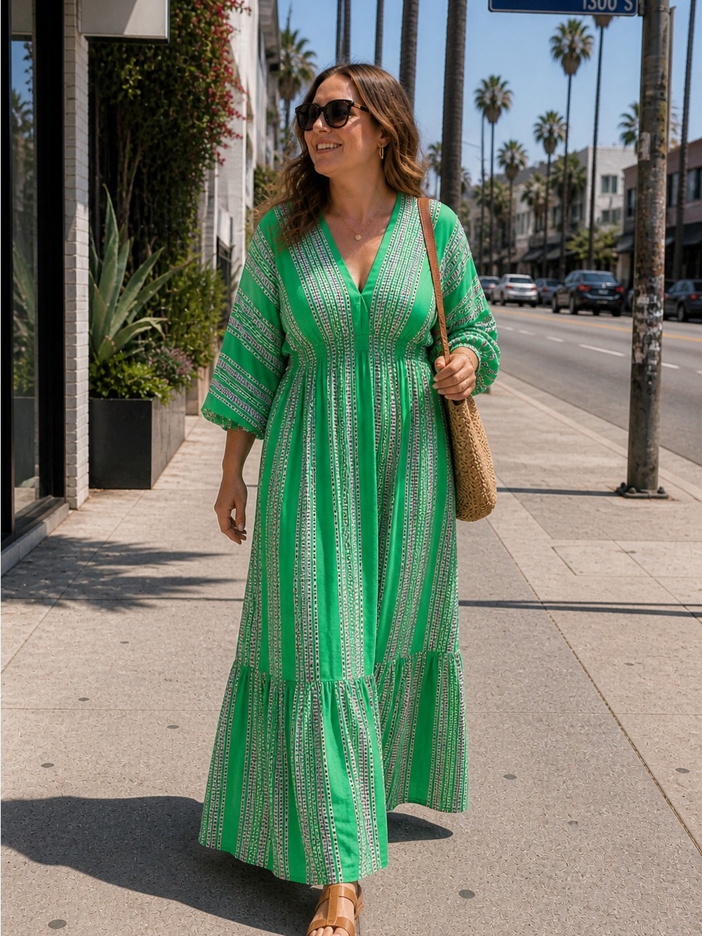 Taylor Green V-Neck Tiered Maxi Dress with White Stripe Detail